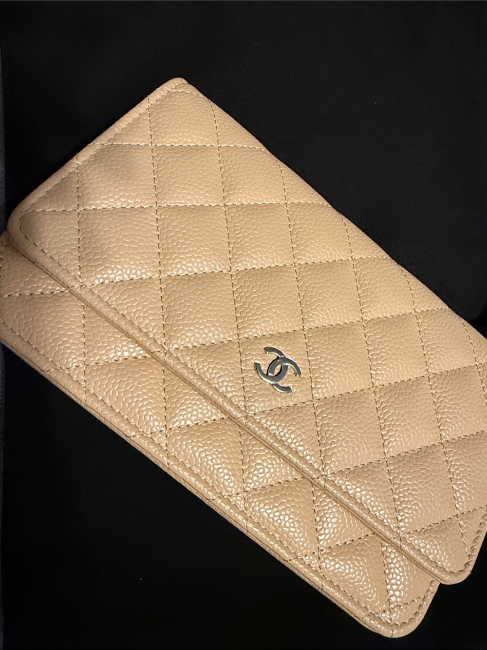 CHANEL Beige Quilted Caviar Wallet on Chain with Silver CC